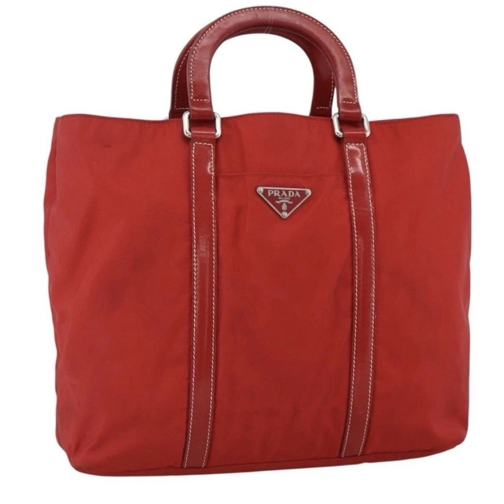 Vintage 2003 PRADA Red Tessuto Nylon Leather Tote Bag 12x9.5x4 Triangle Logo Y2K